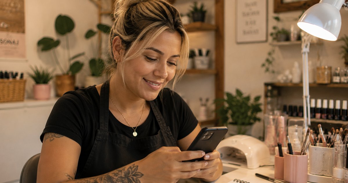 Empreendedora autônoma sorrindo enquanto usa o celular para responder mensagens de clientes