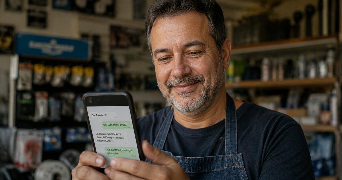 Empreendedor sorrindo ao responder mensagem de cliente pelo celular dentro de sua loja
